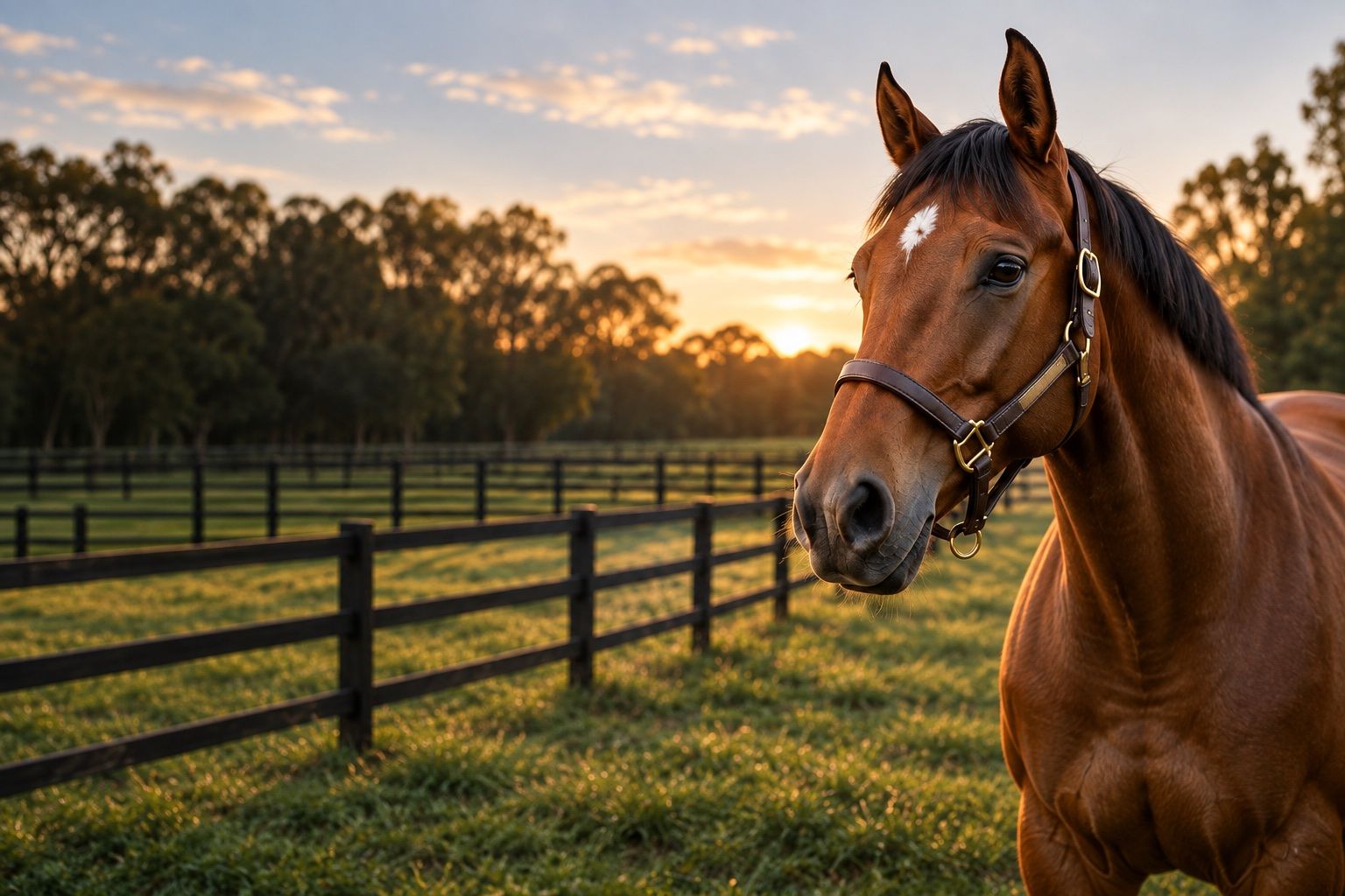 Horse standing in a secure paddock at sunset